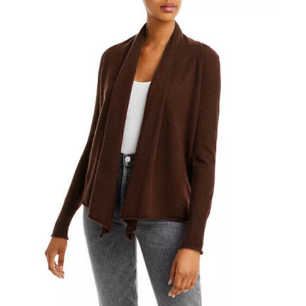 💕TAHARI💕 100% 2 Ply Cashmere Drape Open Front Cardigan ~ Brown Medium M NWT